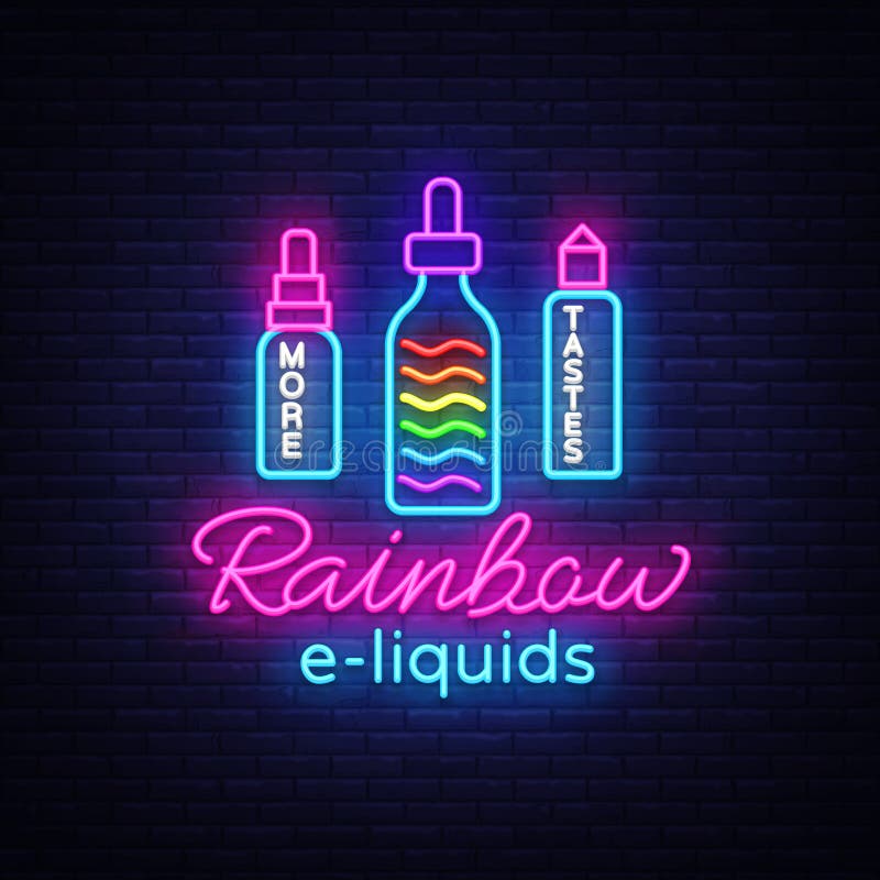 Tienda Logo Neon Vector de Vape Concepto de los e-líquidos del arco iris, plantilla del diseño de la señal de neón de Vape, bande ilustración del vector Tienda Logo Neon Vector de Vape Concepto de los e-líquidos del arco iris, plantilla del diseño de la señal de neón de Vape, bande ilustración del vector