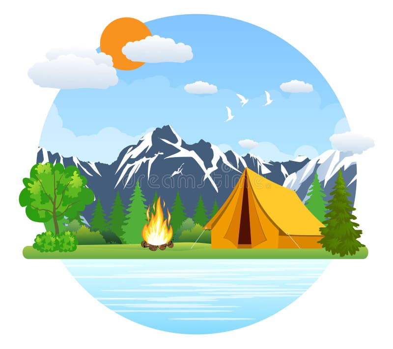 Tienda y hoguera del paisaje del verano ilustración del vector Tienda y hoguera del paisaje del verano ilustración del vector