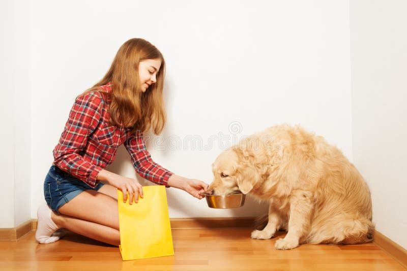 Tiener die haar Golden retriever van een hond voeden