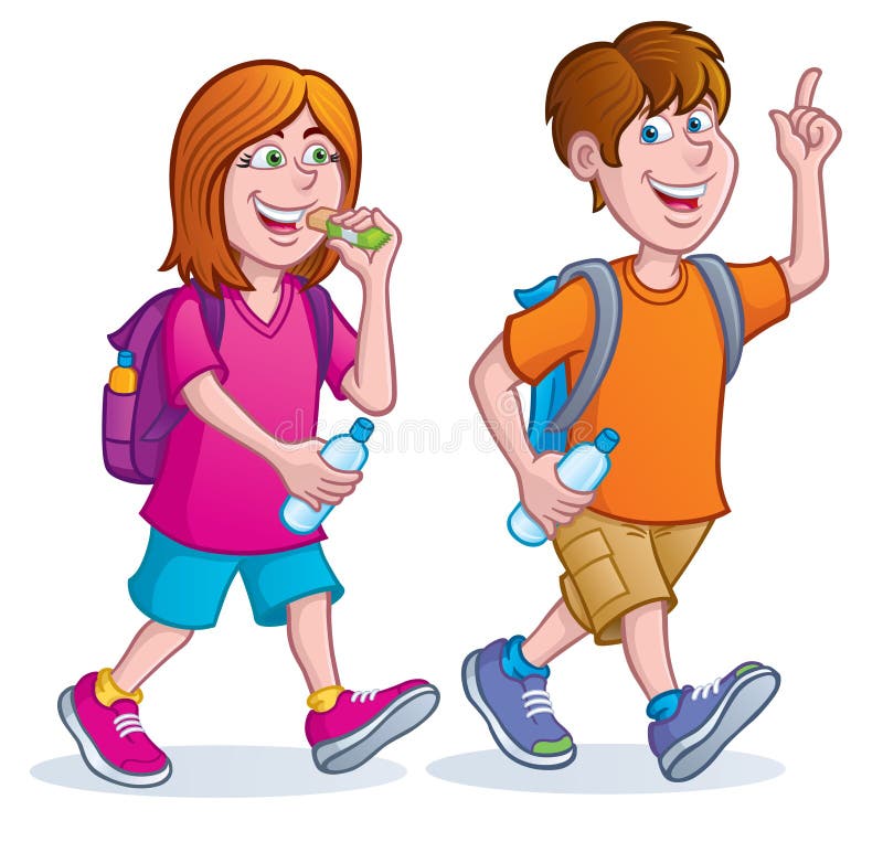 Cartoon illustration of a teenage girl and boy walking with backpacks on and carrying water bottles. The girl is also eating a granola bar. Cartoon illustration of a teenage girl and boy walking with backpacks on and carrying water bottles. The girl is also eating a granola bar.