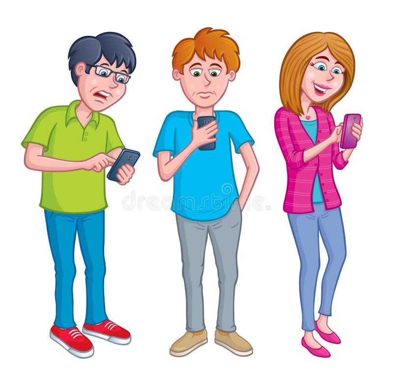 Cartoon illustrations of 3 teenagers, two boys and one girl, with cell phones and reading text messages and also texting messages. Each one has a different expression and wearing different and assorted clothing. Cartoon illustrations of 3 teenagers, two boys and one girl, with cell phones and reading text messages and also texting messages. Each one has a different expression and wearing different and assorted clothing.