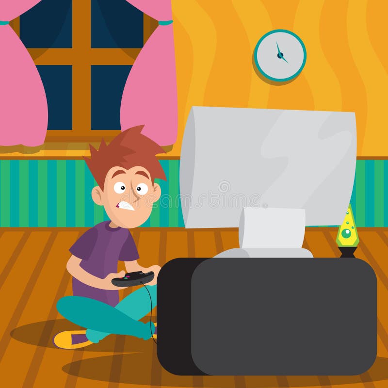 Tienerjongen het spelen in videospelletje bij ruimte Het karakterzitting van het beeldverhaaljonge geitje op vloer voor TV met be vector illustratie Tienerjongen het spelen in videospelletje bij ruimte Het karakterzitting van het beeldverhaaljonge geitje op vloer voor TV met be vector illustratie