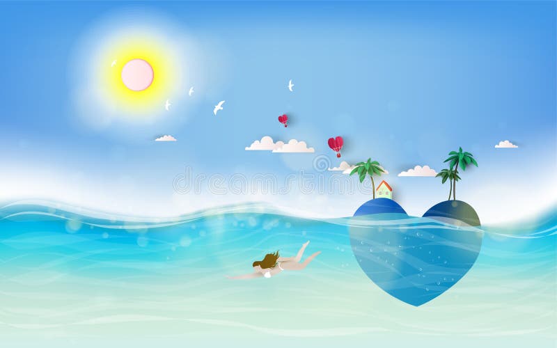 Tienermeisjes binnen onder water De de zomerzonsondergang met tropisch paradijshart vormde romantisch eiland royalty-vrije illustratie Tienermeisjes binnen onder water De de zomerzonsondergang met tropisch paradijshart vormde romantisch eiland royalty-vrije illustratie