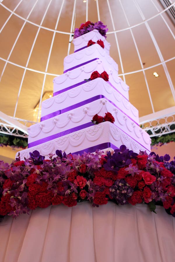 Tier white and purple square wedding cake