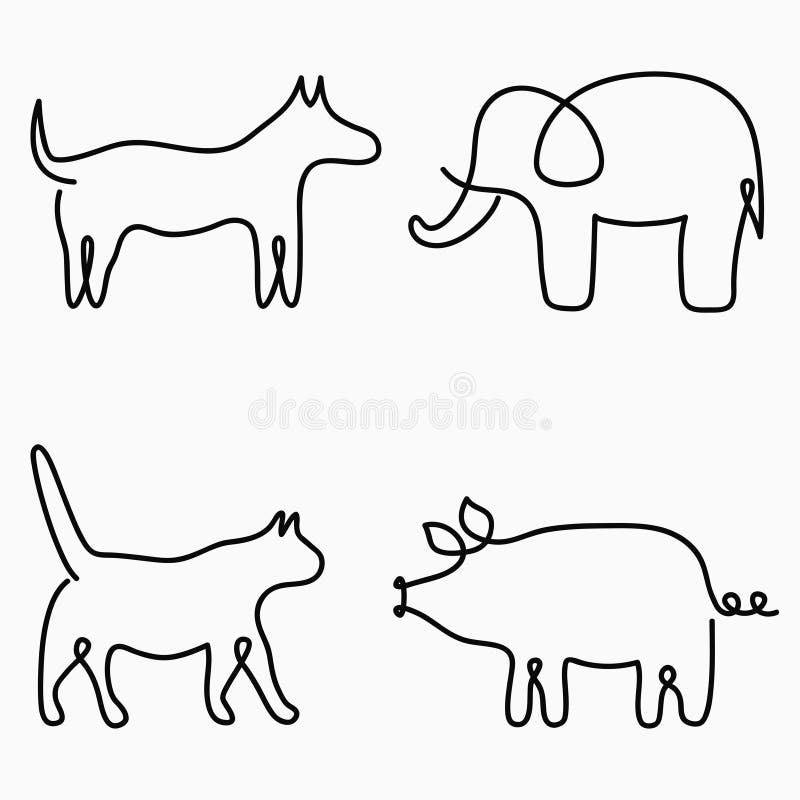 Tiere ein Federzeichnung Ununterbrochene Linie Druck - Katze, Hund, Schwein, Elefant Von Hand gezeichnete Illustration für Logo V vektor abbildung Tiere ein Federzeichnung Ununterbrochene Linie Druck - Katze, Hund, Schwein, Elefant Von Hand gezeichnete Illustration für Logo V vektor abbildung