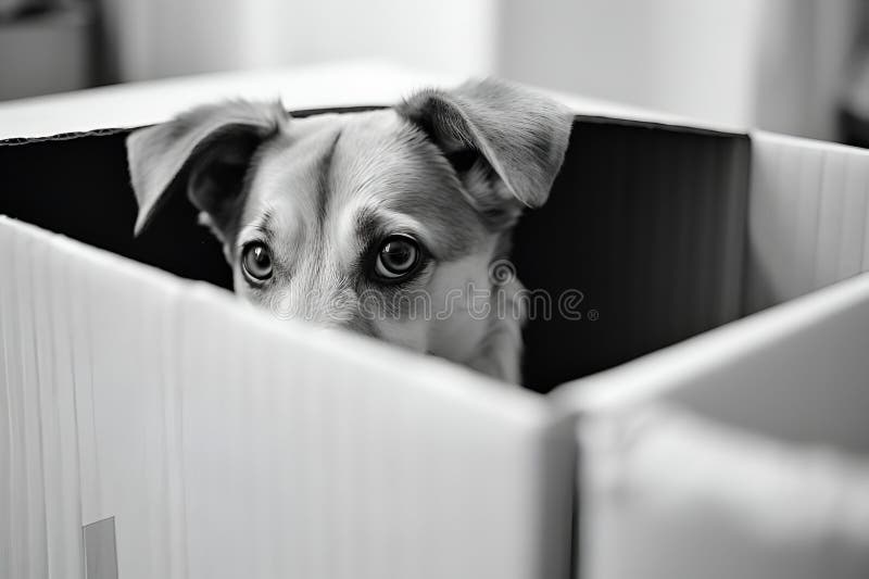 Tiere mit Stress. ein verängstigter Hund versteckt sich in einer Faltschachtel. Umzug mit dem Konzept der Haustiere. Stressferien vektor abbildung