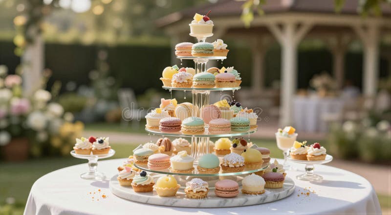 Tiered pastel macaron and dessert tower on round table for wedding reception background and dessert buffet display stock images