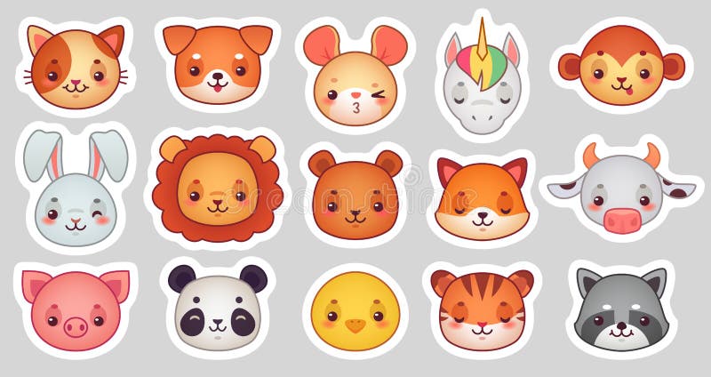 Tiergesichtsaufkleber Nette Tiergesichter, kawaii lustiger emoji Aufkleber oder Avatara Karikaturvektor-Illustrationssatz stock abbildung