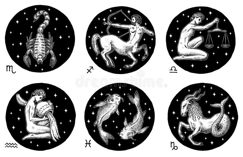 Tierkreis-Ikonen Astrologiehoroskop mit Zeichen Kalenderschablone Sammlungsentwurfstiere Klassische Weinleseart vektor abbildung Tierkreis-Ikonen Astrologiehoroskop mit Zeichen Kalenderschablone Sammlungsentwurfstiere Klassische Weinleseart vektor abbildung
