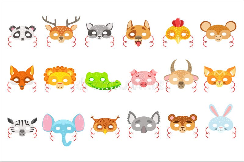 Tierpapiermasken eingestellt von den Ikonen Masken f?r die Kinderkarnevals-Kost?me in der einfachen bunten Art lokalisiert auf we stock abbildung Tierpapiermasken eingestellt von den Ikonen Masken f?r die Kinderkarnevals-Kost?me in der einfachen bunten Art lokalisiert auf we stock abbildung