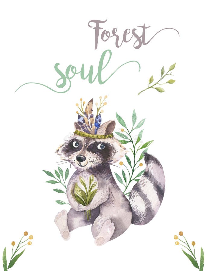 Tierplakat des netten böhmischen Baby-Waschbären des Aquarells für nursary mit Blumensträußen, Kinderalphabetwaldland lokalisiert vektor abbildung
