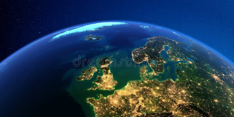 Tierra detallada en la noche europa Reino Unido y el Mar del Norte ilustración del vector Tierra detallada en la noche europa Reino Unido y el Mar del Norte ilustración del vector
