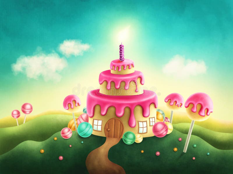 Tierra dulce de la fantasía con la torta de cumpleaños libre illustration Tierra dulce de la fantasía con la torta de cumpleaños libre illustration