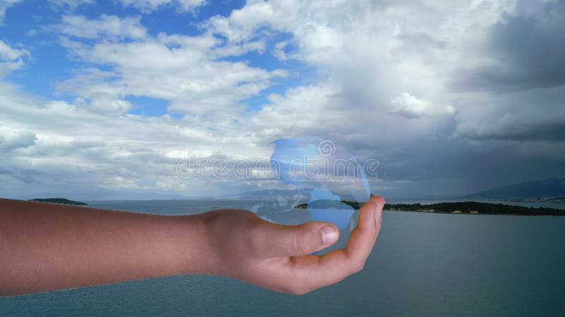 Tierra en mano. planeta azul a mano. salvar la tierra. concepto de medio ambiente para la contaminación del calentamiento atmosfér ilustración del vector