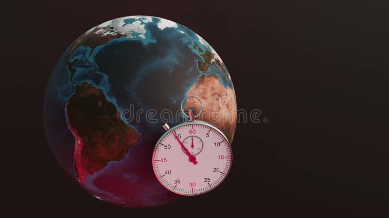 Tierra giratoria con cronómetro. concepto de calentamiento global 3d animación de renderización. stock de ilustración