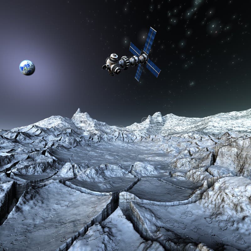 Tierra que se mueve en órbita alrededor basada en los satélites de Sputnik en espacio ilustración del vector