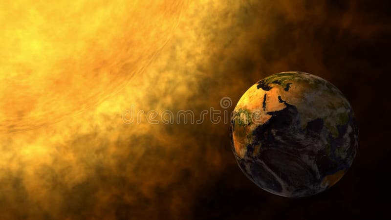 Tierra y Sun que brilla intensamente, llamarada solar, calentamiento del planeta del planeta stock de ilustración