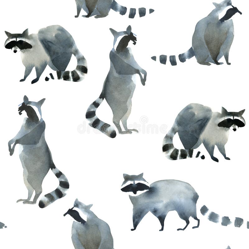 Tierskizze des Aquarells realistischer Wald Seamles-Muster über viele von Waschbären stock abbildung Tierskizze des Aquarells realistischer Wald Seamles-Muster über viele von Waschbären stock abbildung