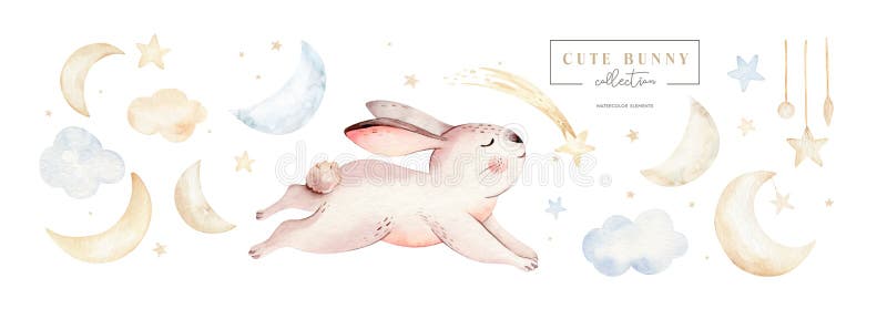 Tiertraumillustrationskomet des freundlichen Babykaninchens mit goldenen Sternen im nächtlichen Himmel Waldhäschenillustration fü