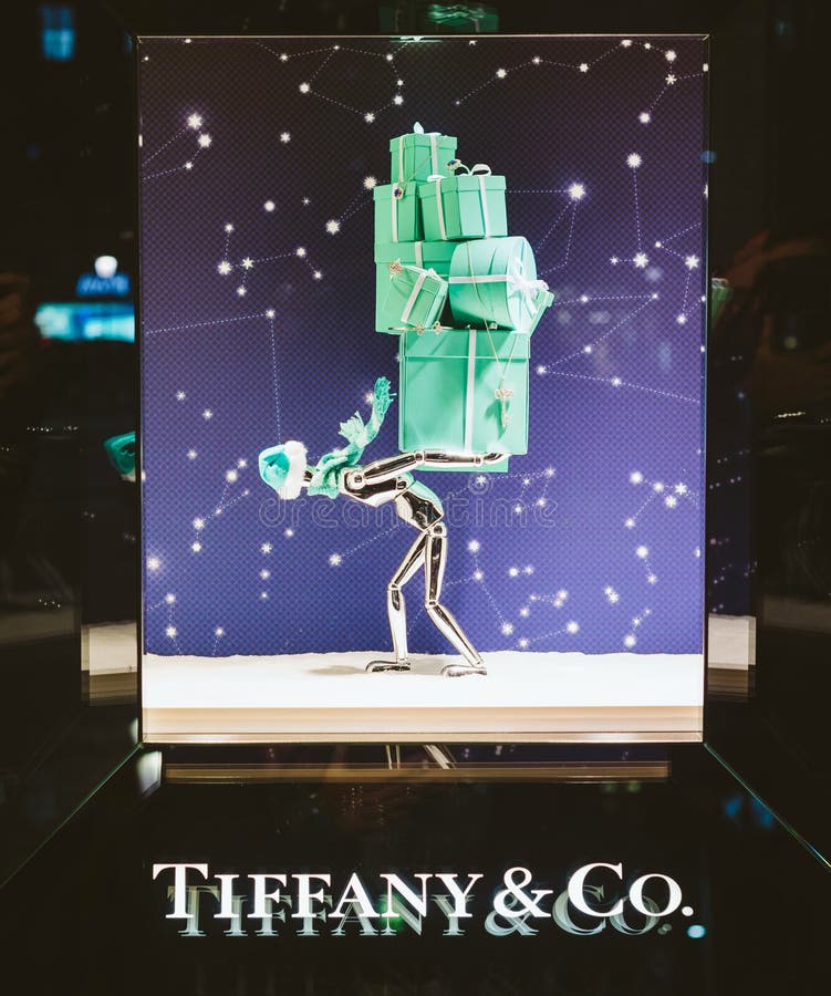 Tiffany & Co. luxury shopping store window facade ready for Christmas winter holidays