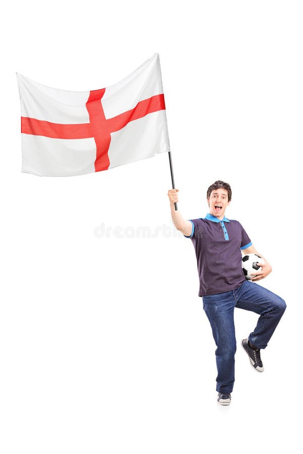 Tifoso che tiene una bandiera inglese fotografia stock libera da diritti Tifoso che tiene una bandiera inglese fotografia stock libera da diritti