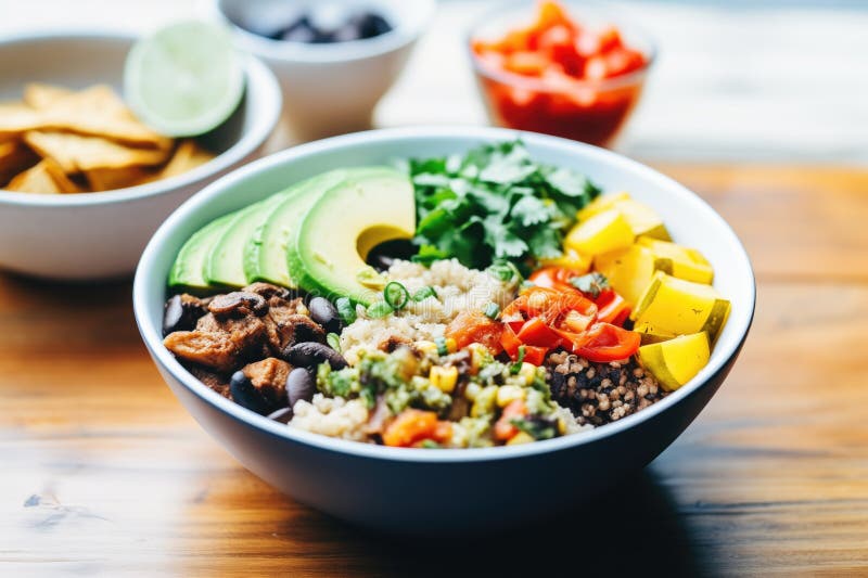 Tigela de burrito com quinoa e legumes grelhados do salsa imagem de stock royalty free