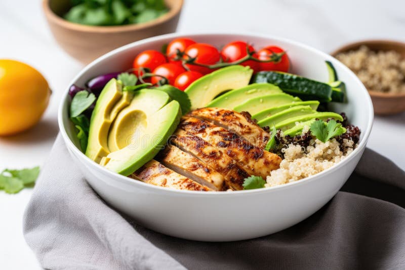 Tigela de quinoa com pedaços de frango grelhados e fatias de abacate ilustração do vetor
