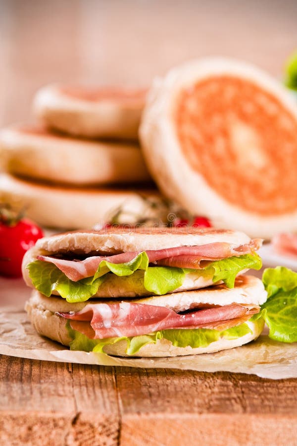 Tigella Bread Stuffed with Ham and Lettuce. Stock Image - Image of ...