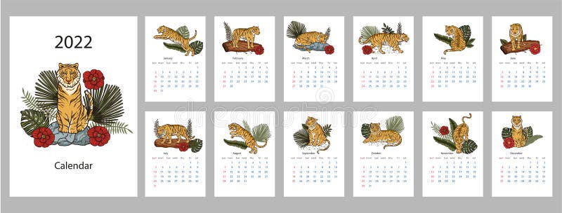 Chinese Calendar 2022 Animal Tiger 2022 Calendar. New Year Printable Template. Stock Vector -  Illustration Of Child, Diary: 229680149