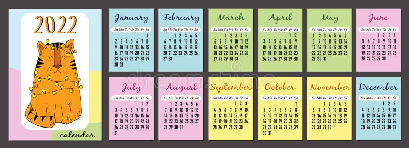 Tiger Calendar Template 2022, Vertical Calendar Template 2022 In Pastel  Colors, The Week Starts On Sunday. Cover And 12 Stock Vector - Illustration  Of Abstract, Month: 235244922