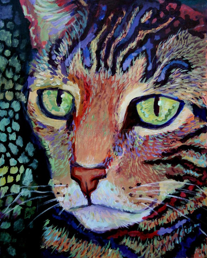 Colorful acrylic painting of a tiger cat. This painting was created by me (Linda Bucklin). Acrylic illustrations