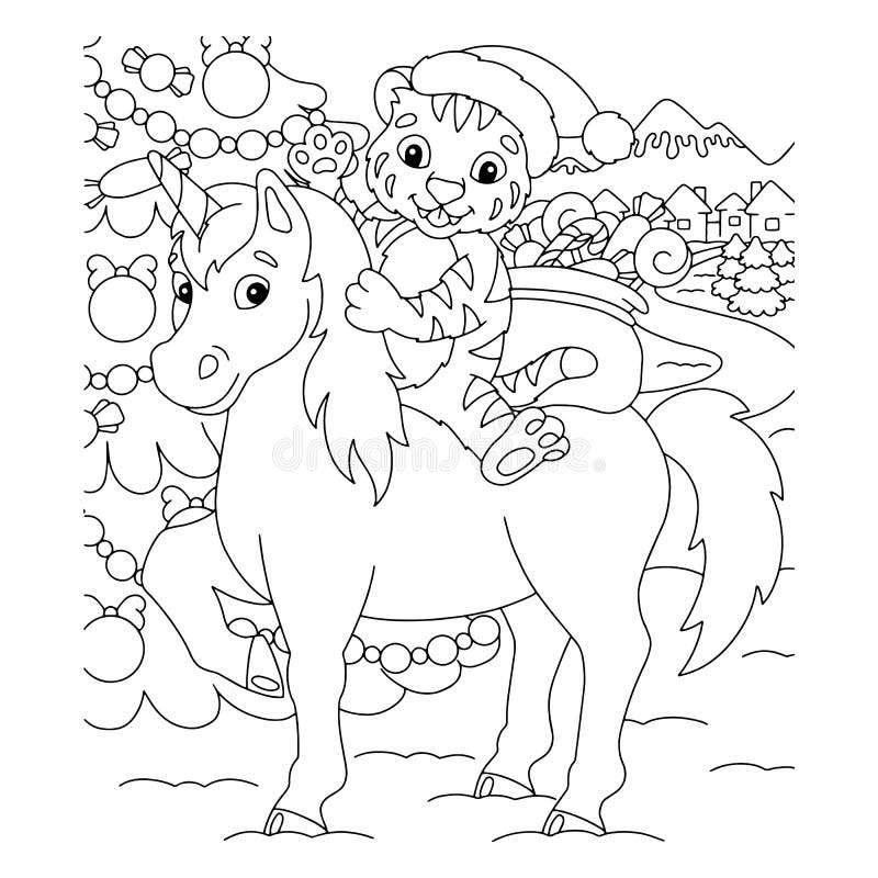 A Tiger Cub Riding a Unicorn Carries Gifts. Coloring Book Page for Kids ...