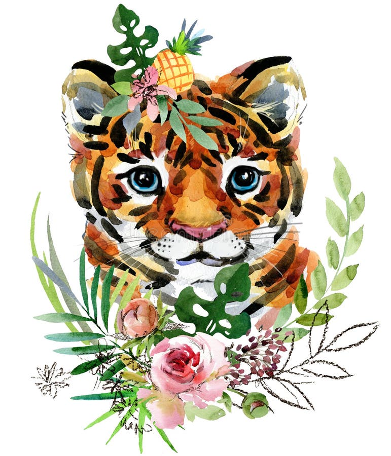 Tiger cub. wild animals watercolor illustration stock photo