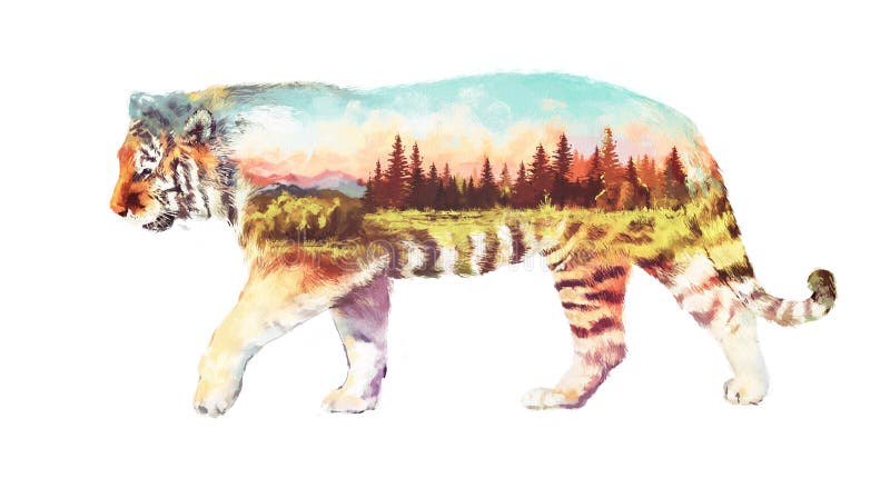 Tiger double exposure illustration royalty free illustration