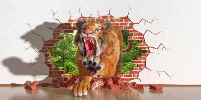 Tiger Emerging from a Fault in the Wall Stock Illustration ...