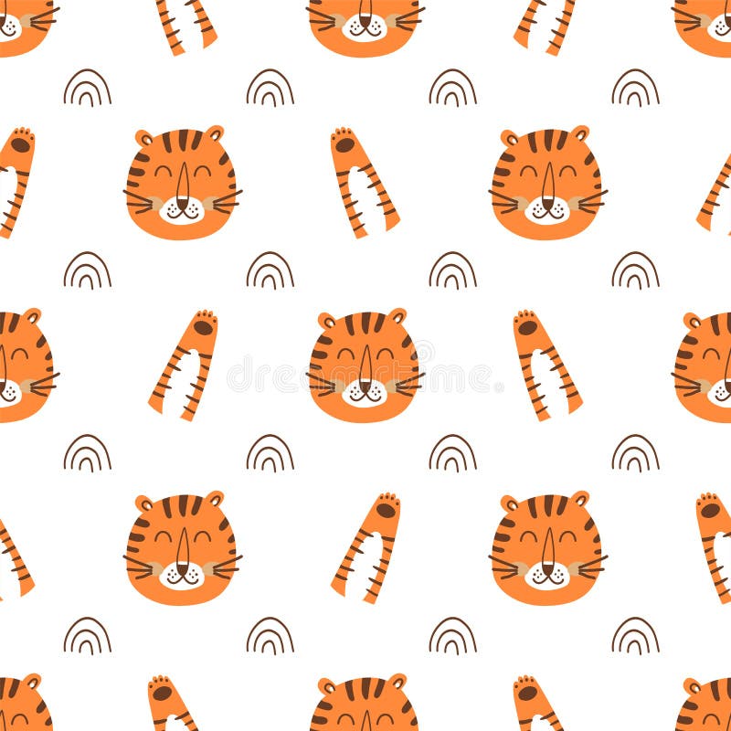 Tiger Face Pattern. Tiger Head Pattern. Cartoon Cute Tiger, Wild Cat Paw  Background Stock Illustration - Illustration of design, poster: 219834366