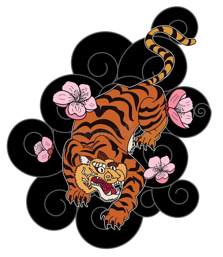 Tiger with Flower and Japanese Cloud Tattoo Design Vector Stock Vector ...