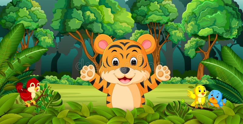Charming Tiger Sitting On Boxes With Gifts. He`s Holding A Special Gift