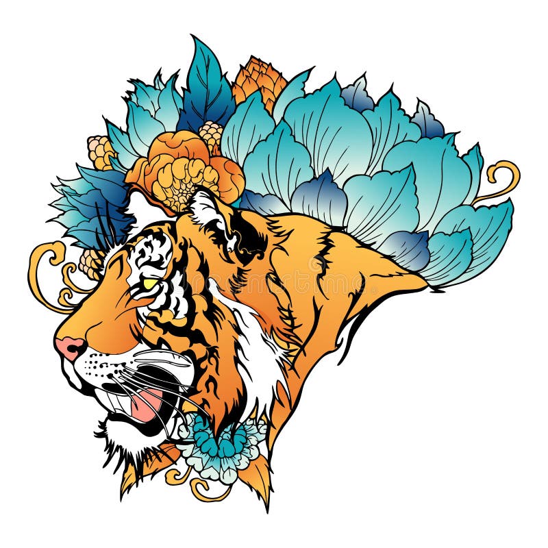 Tiger Head in Roar with Lotus Flower Decorate with Cloud or Smoke Design  with Oriental Japanese Color Tattoo Style Vector Stock Illustration -  Illustration of ethnic, japanese: 166177079