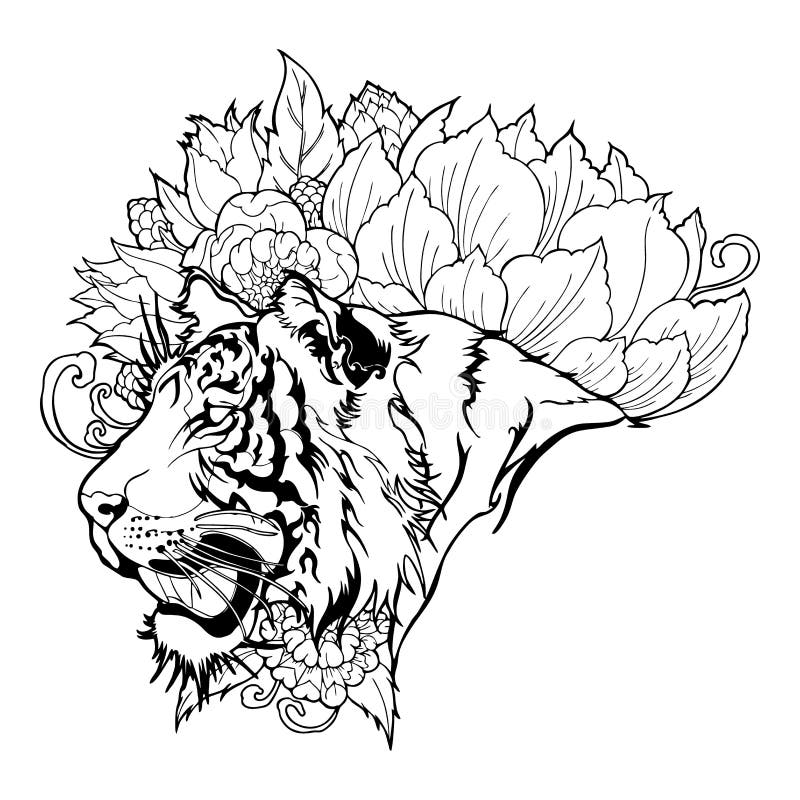 Tiger Head in Roar with Lotus Flower Decorate with Cloud or Smoke Design  with Oriental Japanese Color Tattoo Style Vector Stock Illustration -  Illustration of ethnic, japanese: 166177079
