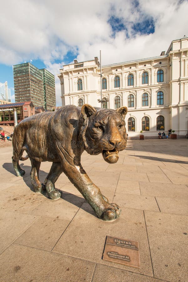 Tiger Sculpture in Downtown of Oslo Norway Editorial Stock Image
