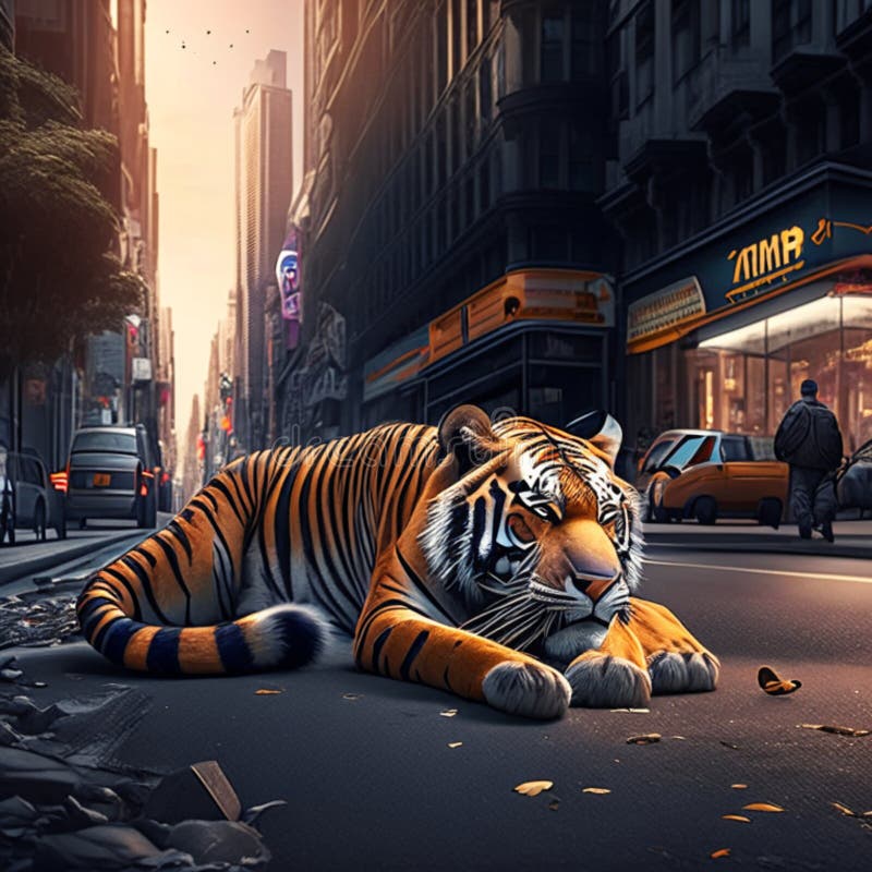 Tiger in the rain. 3D rendering. Digital painting., Ai Generative