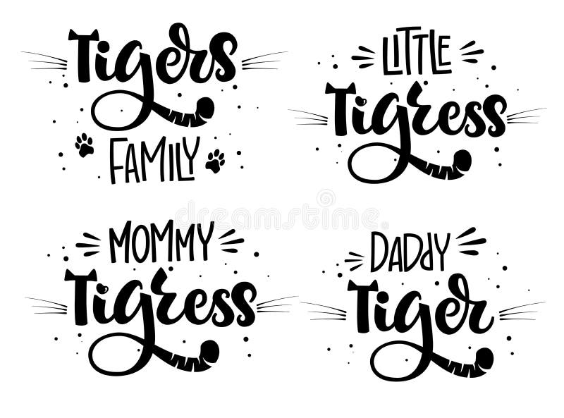 Tiger`s Family Set of Hand Draw Calligraphy Script Lettering Whith Dots,  Splashes and Whiskers Decore Stock Illustration - Illustration of  inspirational, hand: 145551413