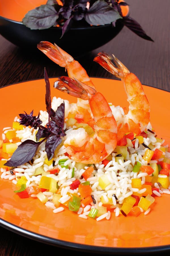 Tiger Shrimps, Prawns, with Rice and Vegetables Stock Photo Image of