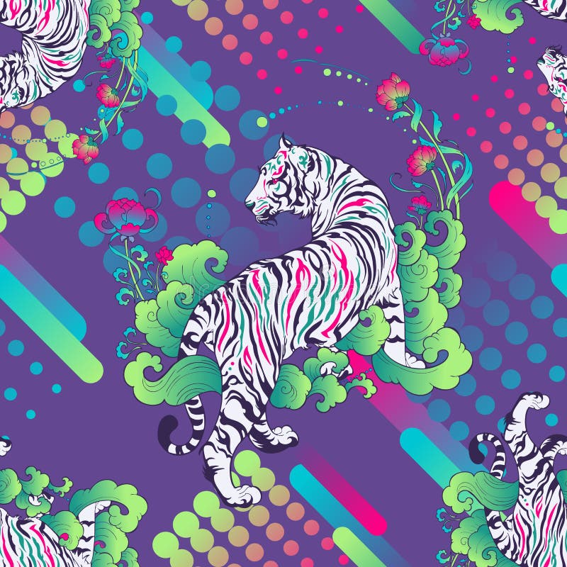 Tiger tatuaggio orientato con floreale e design eolico su Sfondo astratto moderno e composizione di gradiente fresco illustrazione vettoriale Tiger tatuaggio orientato con floreale e design eolico su Sfondo astratto moderno e composizione di gradiente fresco illustrazione vettoriale