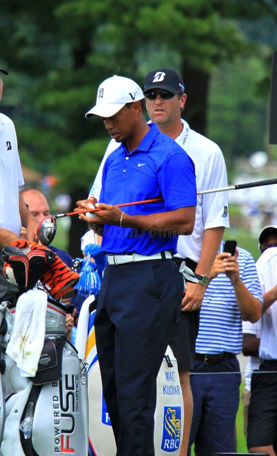 Tiger Woods gets his club and ball ready while waiting his turn at the PGA professional golf tournament event, Northeast Ohio, United States. Tiger Woods gets his club and ball ready while waiting his turn at the PGA professional golf tournament event, Northeast Ohio, United States