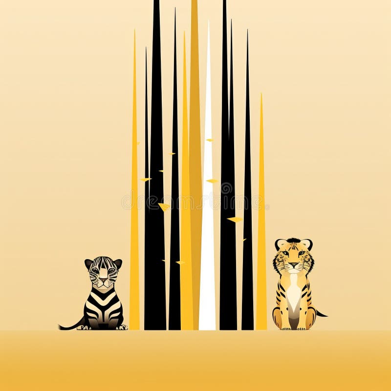 A tiger and a zebra are standing next to each other in front of a black and white striped background vector illustration