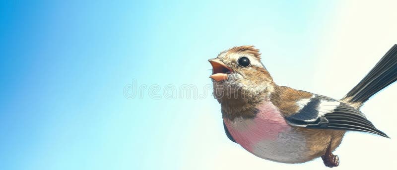 A tight shot of a bird perched on a branch against a backdrop of blue sky, devoid of clouds royalty free illustration