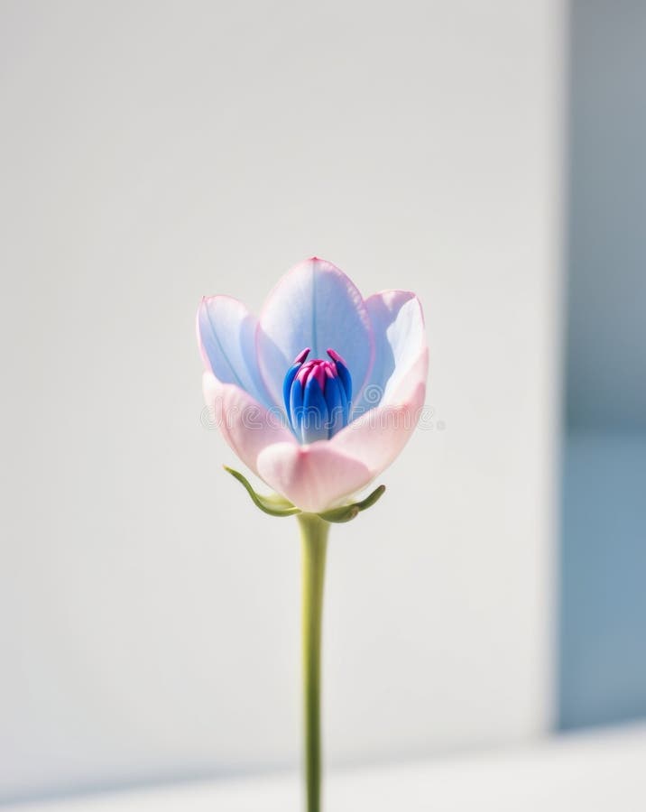A tight shot of a bloom displaying a blue and pink center. stock image