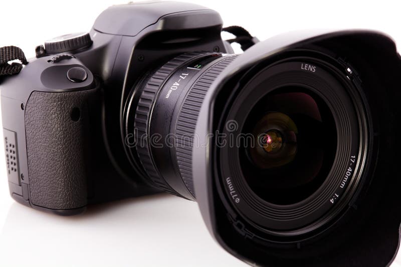 Tight Shot Of DSLR Camera With Wide Angle Lens stock photography